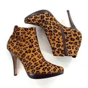 Boutique 58 Womens Leopard Pony Hair Pointy Platform Ankle Boots Booties Sz 7.5M